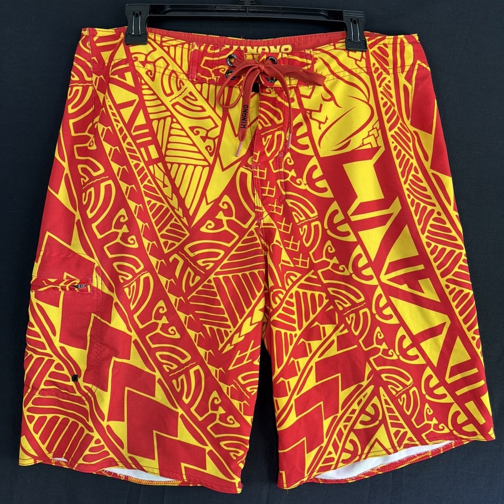 Hinano Tahiti Board Shorts Mens 33 Orange Yellow Polynesian Tikil Swim Trunks
